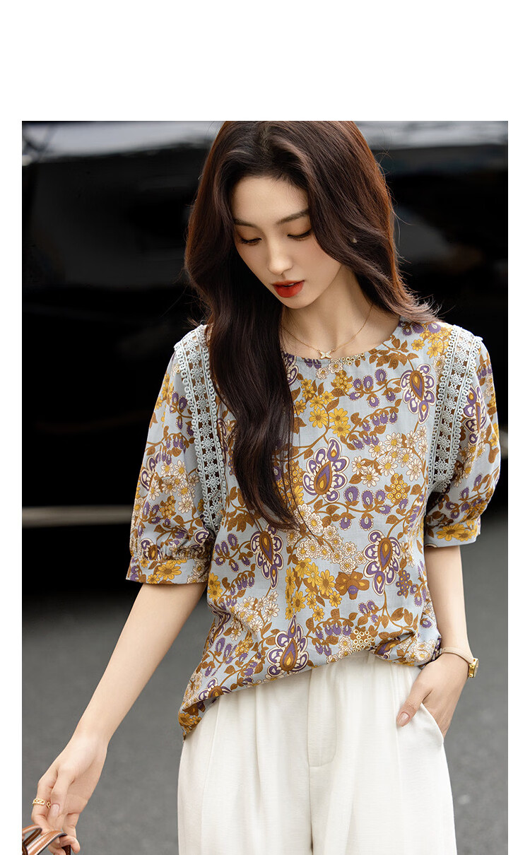 Demana [Pure Cotton Slub Texture] Summer Urban Romantic Printed Lace Ribbon Loose Slim Shirt for Women High-End Feel 5
