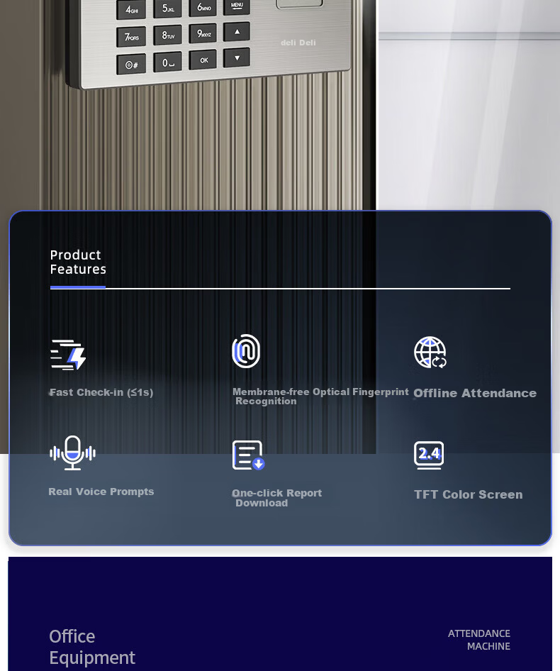 Deli AH100 Fingerprint Attendance Machine 1200 Prints 36 Departments Large Capacity Sensitive Optical Fingerprint Recognition TFT Color LCD 2