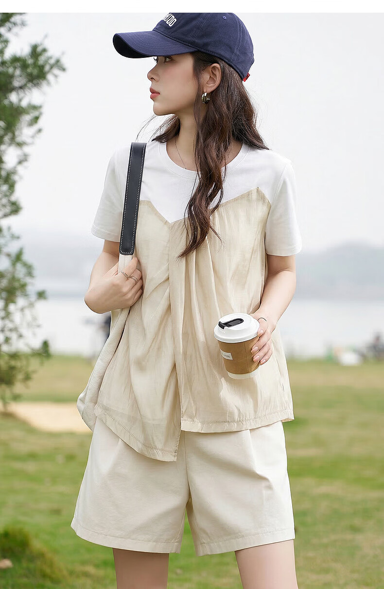 Demana [Comfort Sorona] Summer Elegant Color-Block Crew Neck Short Sleeve Fashion Slim Fit Versatile Women's T-Shirt 13