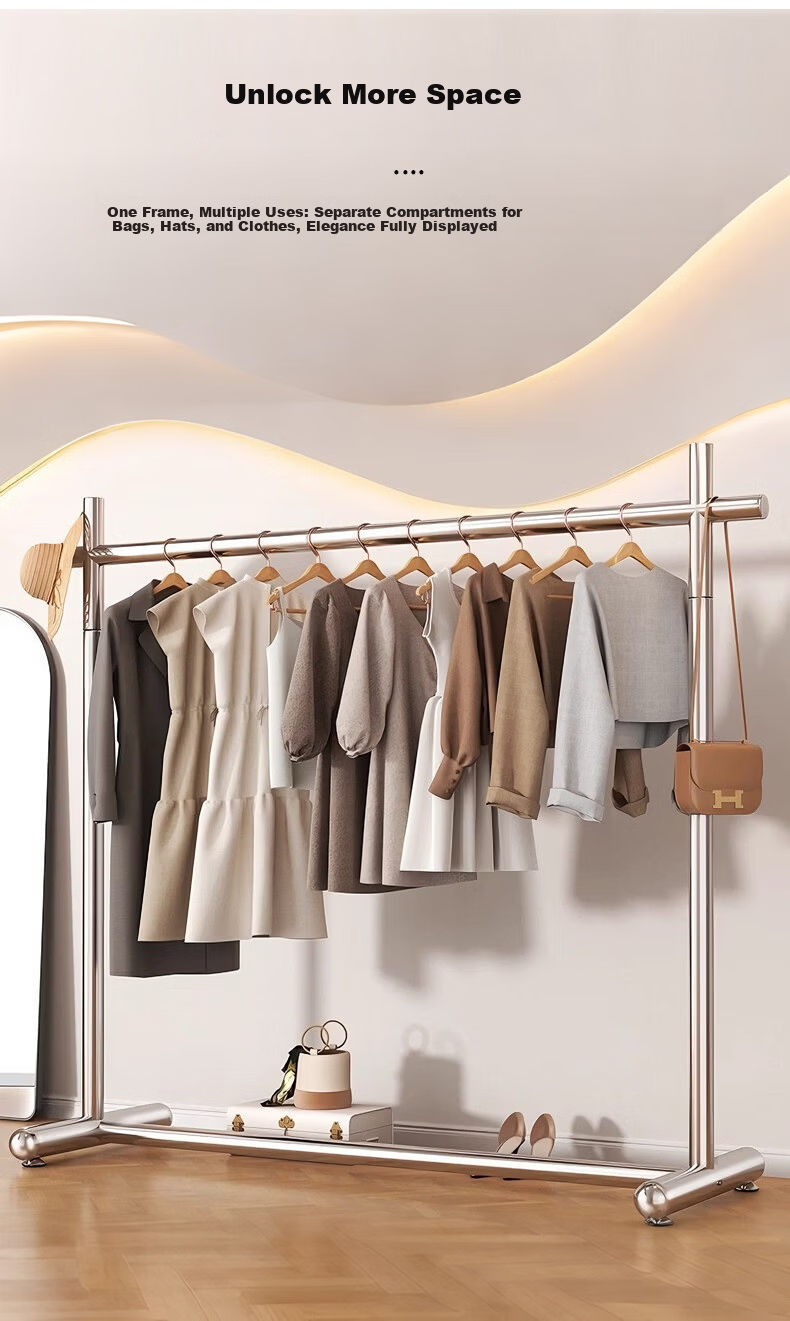 Yaoying YJ11 Stainless Steel Floor Clothes Rack Single Rod Garment Hanger for Bedroom Balcony 120x170cm 3