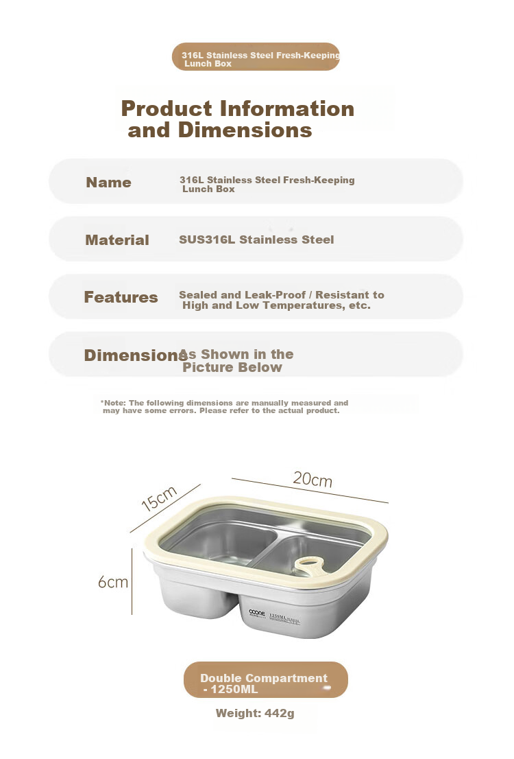 Wuxin Quality 316L Stainless Steel Lunch Box for Office Workers, Divided Bento Box, Microwave Safe, Large Capacity Double Compartment 1250ml 15