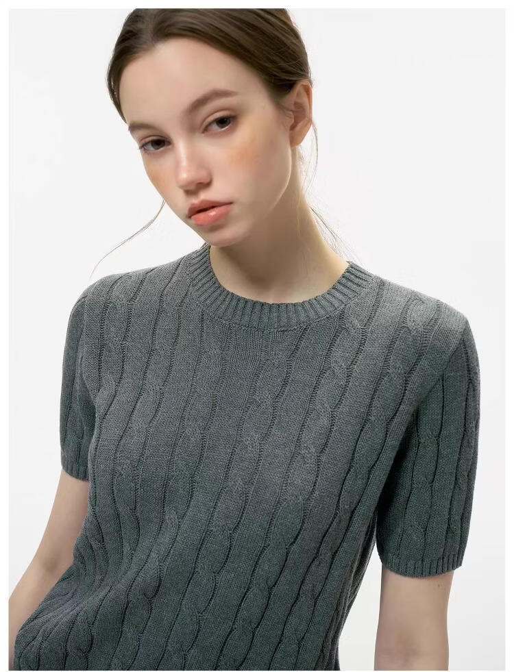 ICH MODE Intelligent Old Money Round Neck Cable Knit Short Sleeve Women's Summer Thin Mesh T-Shirt Pure Cotton Base Top Spring Off-White S 39