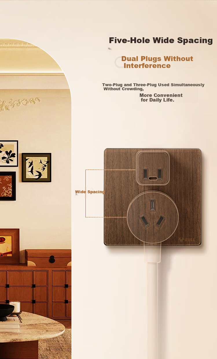 BULL Vintage Switch Socket Acrylic Ultra-thin Panel Five-hole 10A+16A G70Z227 Walnut Color 17
