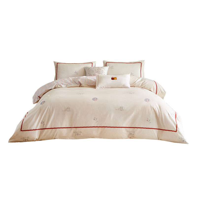 Luolai Home Textiles 100% Cotton Four-Piece Bedding Set Striped Puppy 220x250 Beige