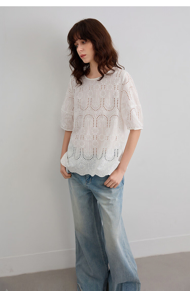 Demana Pure Cotton Light Life Summer Artistic Lace Embroidered Round Neck Shirt with Hem Lace Short Sleeve Blouse for Women 15