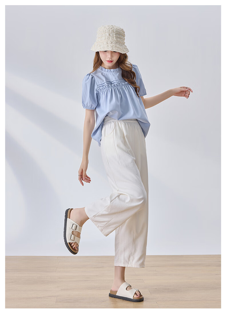 LangSha Lazy Summer Refreshing Cool Milk Puff Pants for Women, High-Waisted Thin Casual Versatile Wide-Leg Cropped Pants for Petite Figures 13