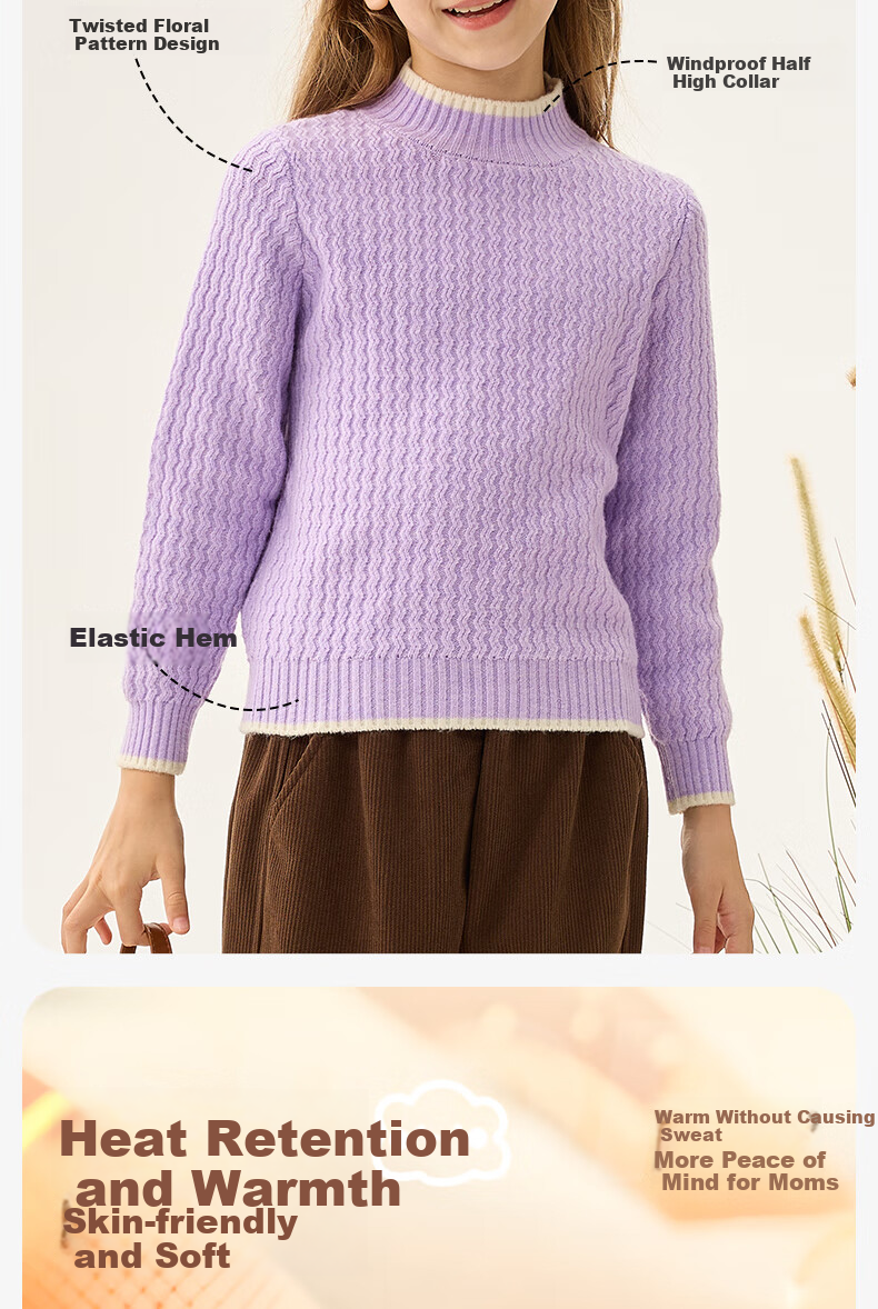 Baleno Girls' Sweater Autumn Winter 2025 New Stylish Cable Knit Pullover Children's Half Turtleneck Warm Innerwear 4