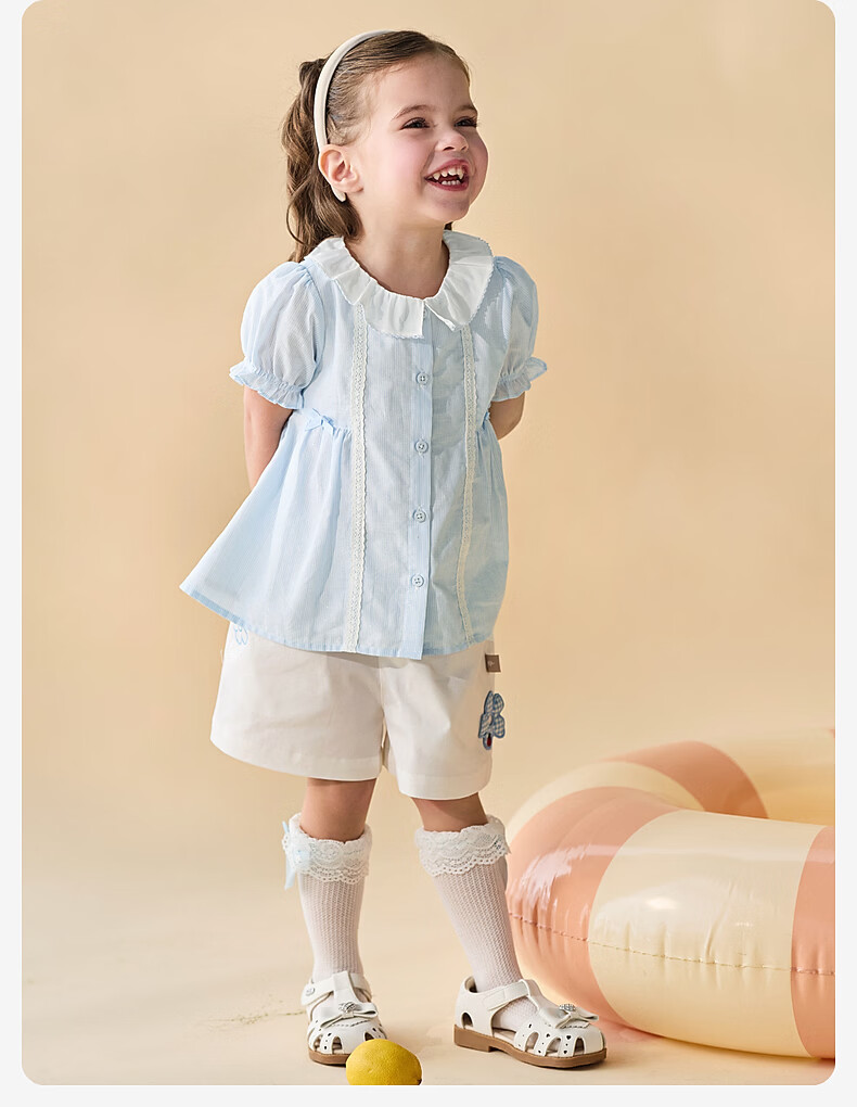 DAVE & BELLA Girls' Short Sleeve Striped Doll Collar Shirt Summer Thin Blue Blouse 10