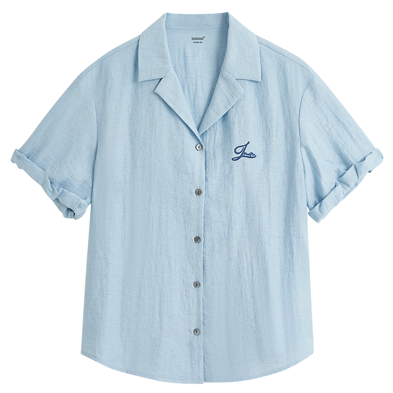 INMAN Summer 2026 Women's Blue Short Sleeve Linen Wrinkle Texture Shirt Light Blue XL