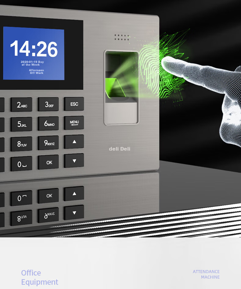 Deli AH100 Fingerprint Attendance Machine 1200 Prints 36 Departments Large Capacity Sensitive Optical Fingerprint Recognition TFT Color LCD 6