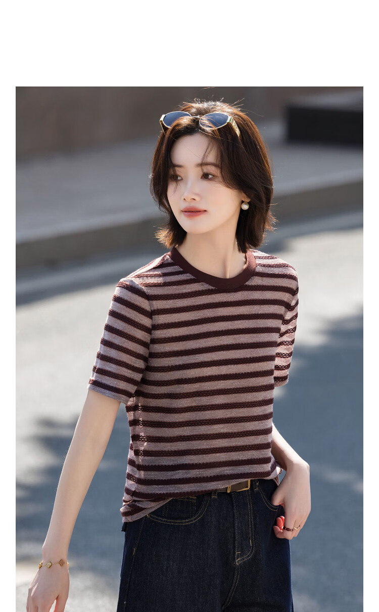 Demana "Piano Overture" Summer Retro Colorblock Round Neck Short Sleeve Stretch Slimming T-Shirt for Women High-End Feel 11