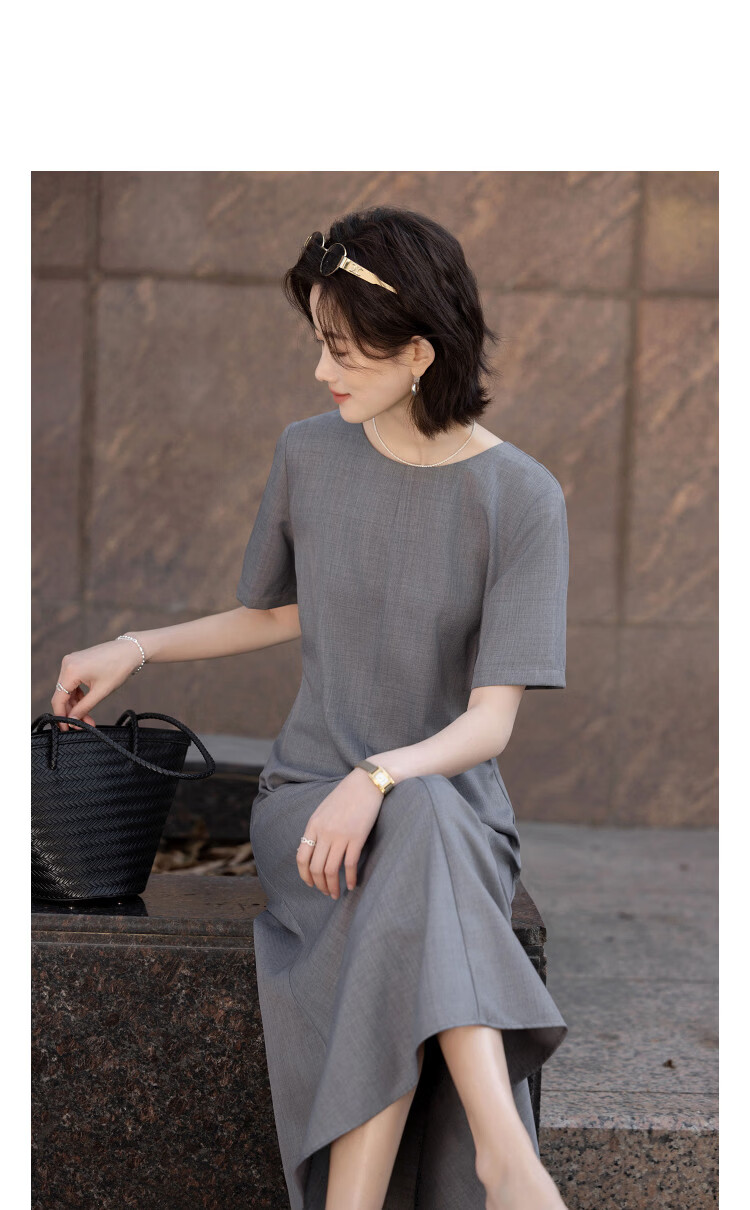 Demana Elegant Aesthetic Summer Urban Style Round Neck Short Sleeve Waist Cinched Mermaid Hem Slimming Concealed Dress for Women High-End Feel 2