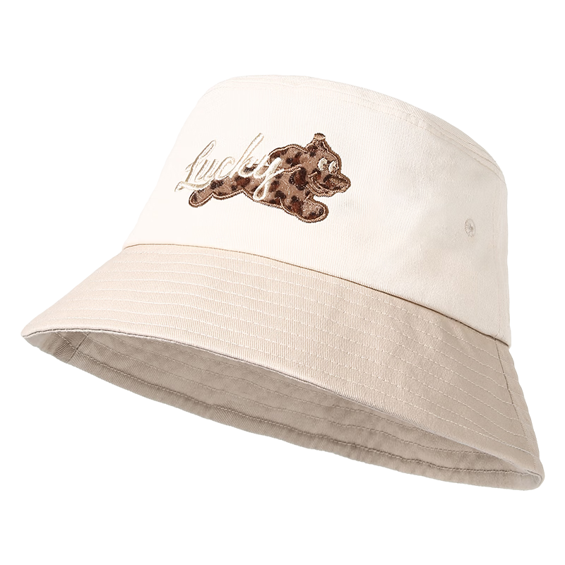 CACUSS Women's Fisherman Hat Spring Summer Outdoor Casual Sun Hat Leopard Dog Embroidery Bucket Hat Face Slimming Beige