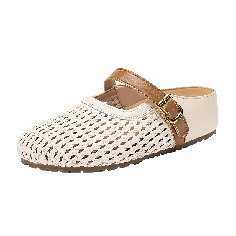 Warrior Hollow Woven Birkenstock Style Open Toe Half Slippers Women Outdoor New Summer Thick Sole Height Increasing Sandals Beige Brown Size 40