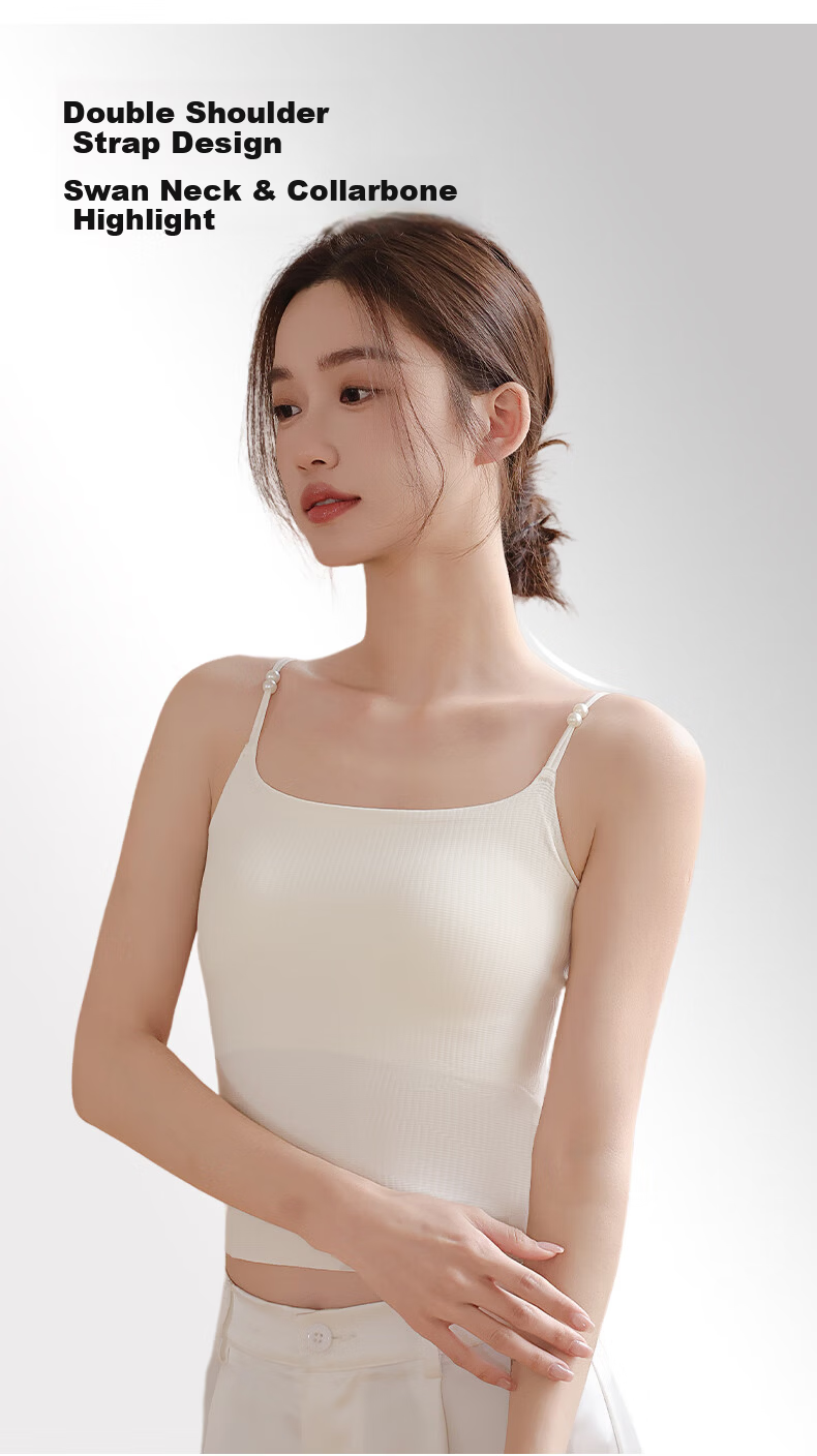 Herbal Original Color Women's Camisole Vest with Invisible Seamless Bra, Light Thin Pearl Thin Straps, Padded Base Layer, Beautiful Back Vest for All Seasons 4