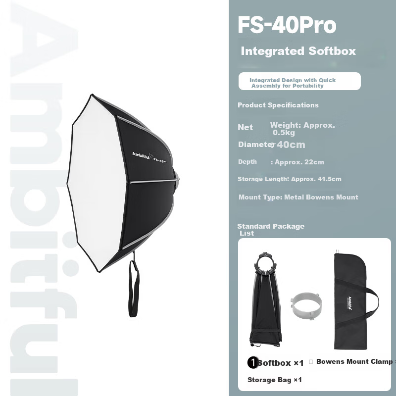 AMBITFUL Zhijie Octagonal Softbox FS40pro Bowens Mount Quick-Install Handheld Portable Video Flash Hot Shoe Softbox
