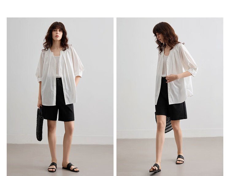 Demana Urban White Moonlight Summer Elegant Pleated V-Neck Cotton Nylon Stretch Loose Slim Shirt for Women Premium Feel 11