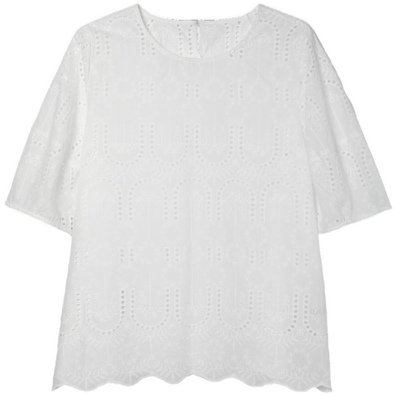 Demana Pure Cotton Light Life Summer Artistic Lace Embroidered Round Neck Shirt with Hem Lace Short Sleeve Blouse for Women