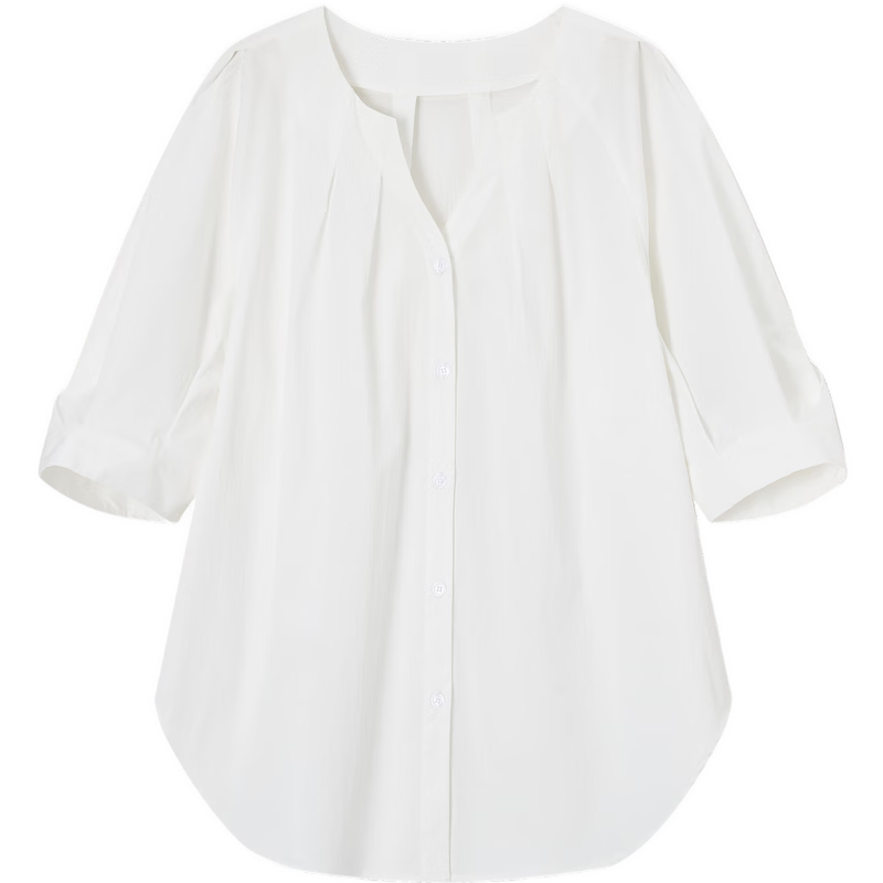 Demana Urban White Moonlight Summer Elegant Pleated V-Neck Cotton Nylon Stretch Loose Slim Shirt for Women Premium Feel