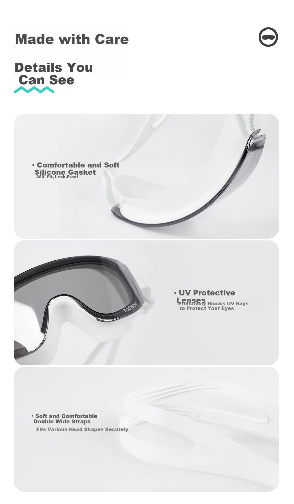 TOSWIM Large Frame Waterproof Anti-Fog Swimming Goggles Unisex HD Coated Professional Eyewear Abyss Glow Plano 13