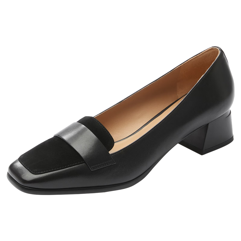 Le Saunda Simple British-Style Patchwork Square-Toe Mid-Heel Commuter Flats Women's Shoes 6T46324, Black/white, BKK, Size 38