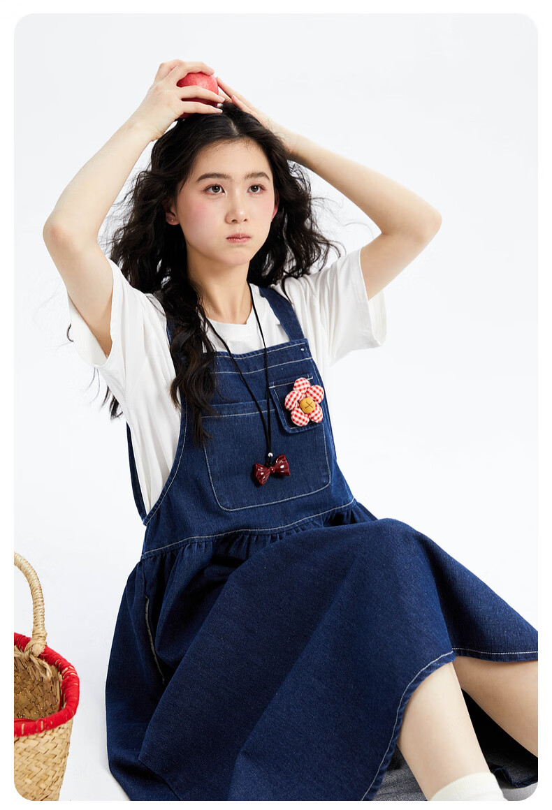 Fulomi Girls' Summer New Fashionable Casual Loose Denim Suspender Dress Blue 150cm 12