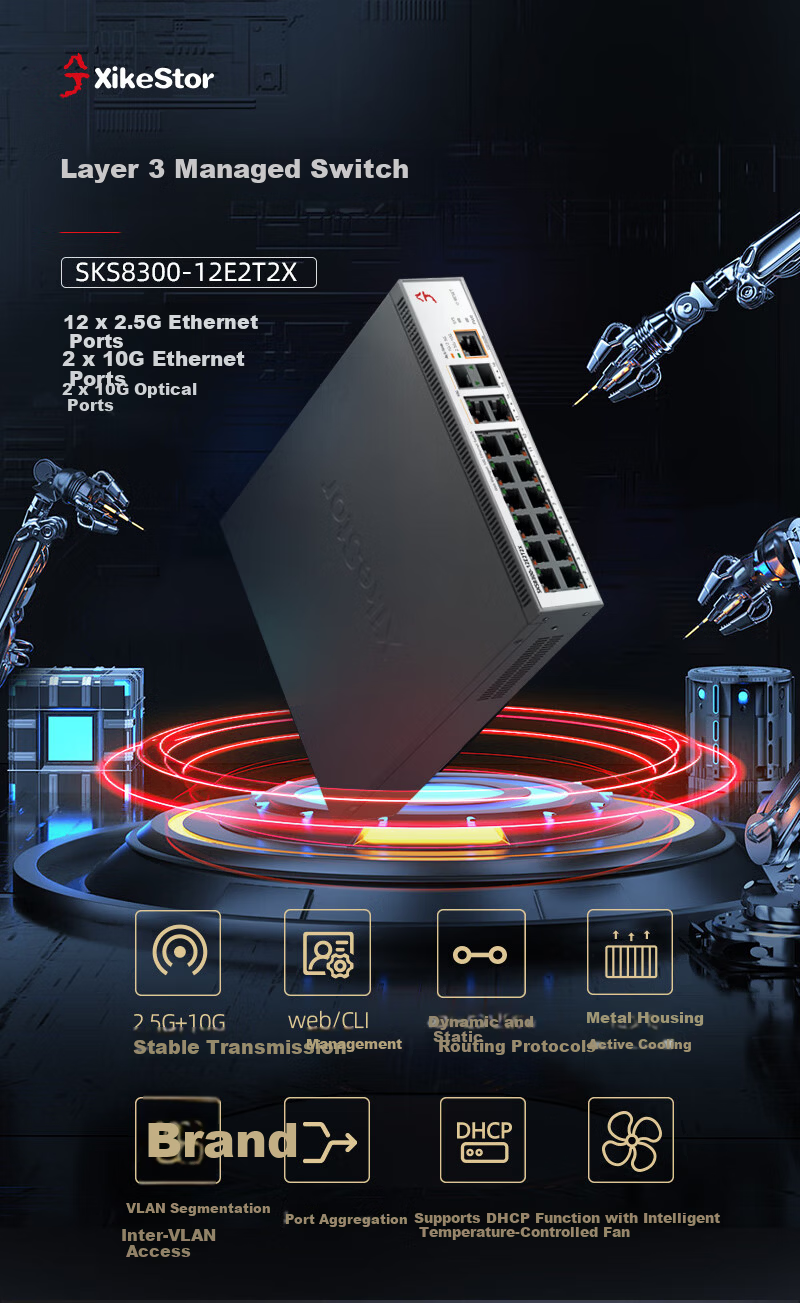 Xike Three-Layer Managed 12-Port 2.5G + 4-Port 10G Ten-Gigabit Switch with DHCP and Routing Function 16-Port 2.5G Switch SKS8300-12E2T2X 2