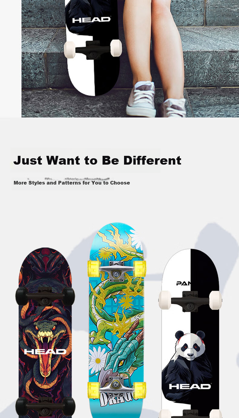 HEAD Skateboard Adult Double Kickboard Beginner Professional Four-Wheel Cruiser Street Commuter Youth Kids New Year Gift 6