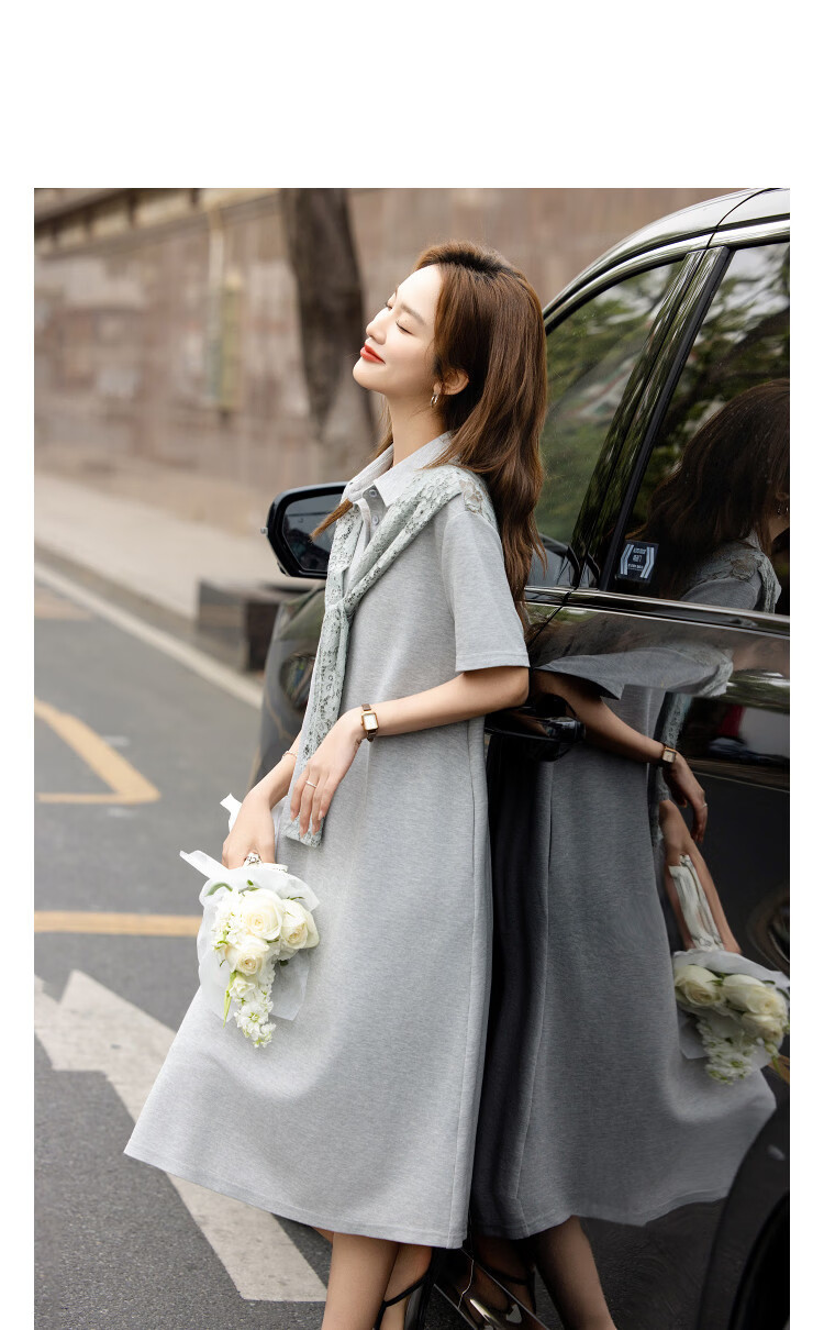 Demana Summer Lapel Pique Mesh Lace Splicing Loose Slim Dress for Women High-End Feel with Shawl Decoration 4