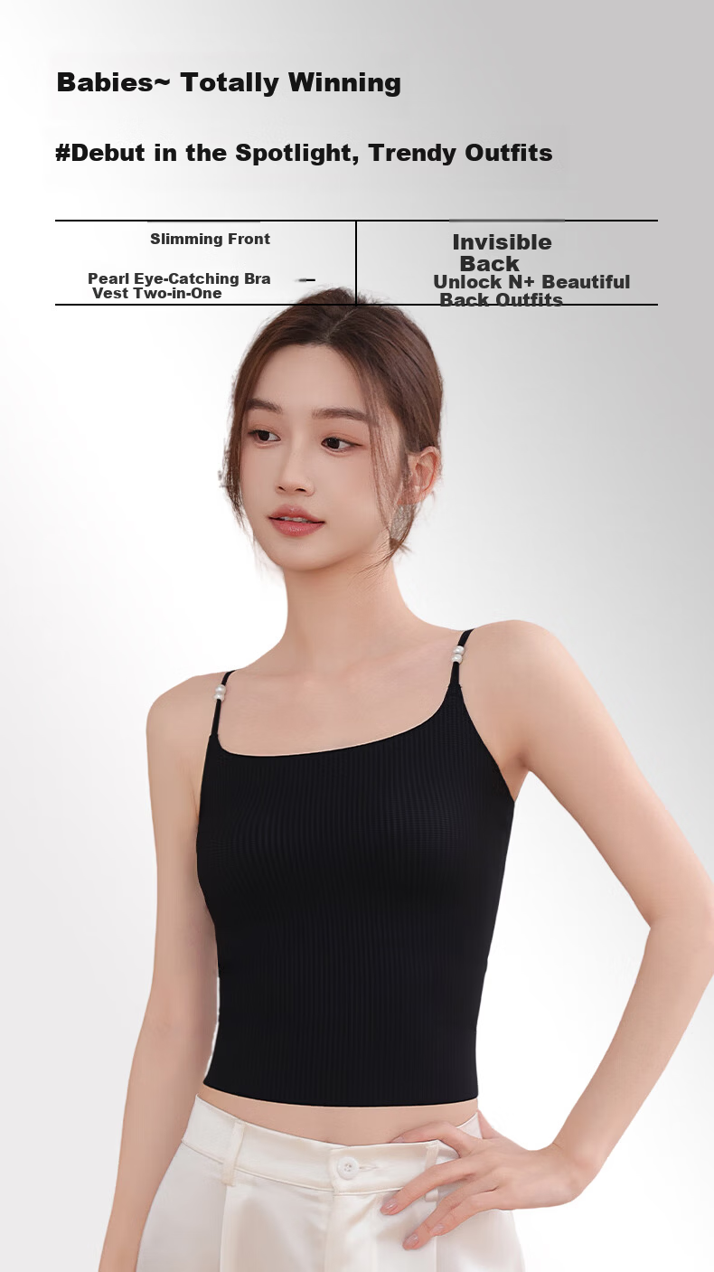 Herbal Original Color Women's Camisole Vest with Invisible Seamless Bra, Light Thin Pearl Thin Straps, Padded Base Layer, Beautiful Back Vest for All Seasons 1