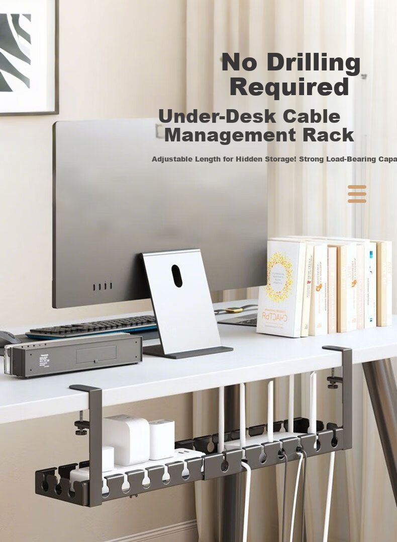 Sushiermo Under-Desk Cable Organizer Wire Management Router Cable Storage No-Drill Socket Tool White Adjustable 43-74cm 1