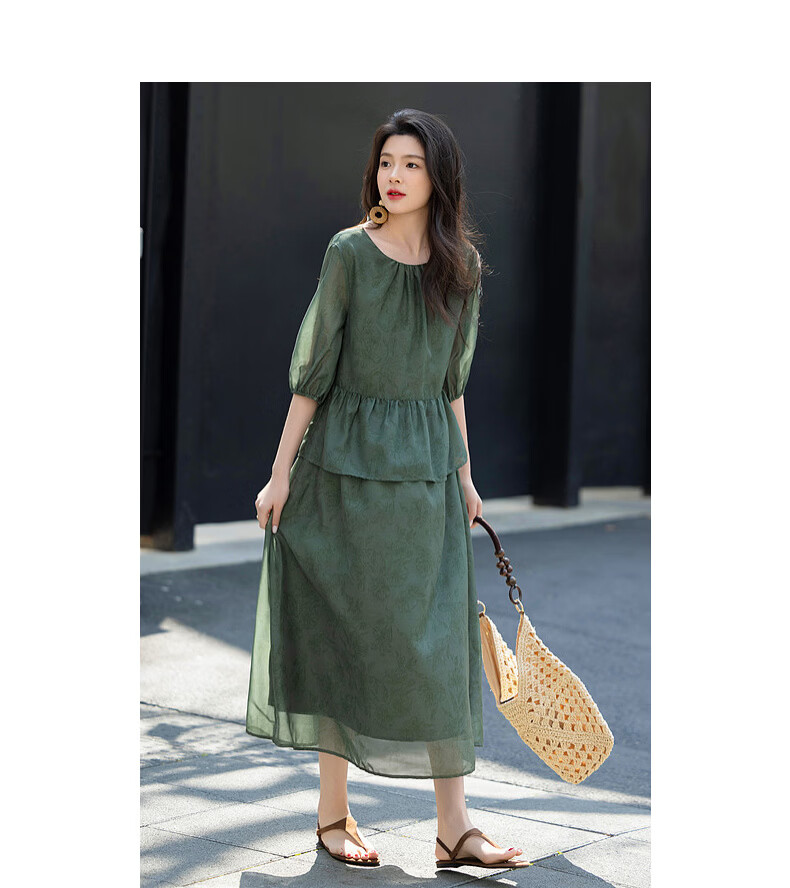 Demana [Bamboo Breeze] Summer Faux Two-Piece Ruffle Vintage Print Slimming Lightweight Flowing Women's Dress 10