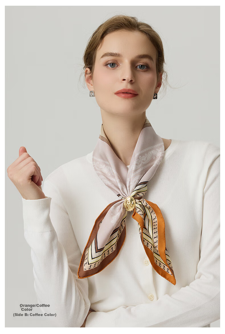 MARJA KURKI Birthday Gift Double-Sided Color-Block Mulberry Silk Scarf, Mother's Pure Silk Scarf, Ladies' Silk Clasp Set with Lace Trim, Wood Orange Brow 8