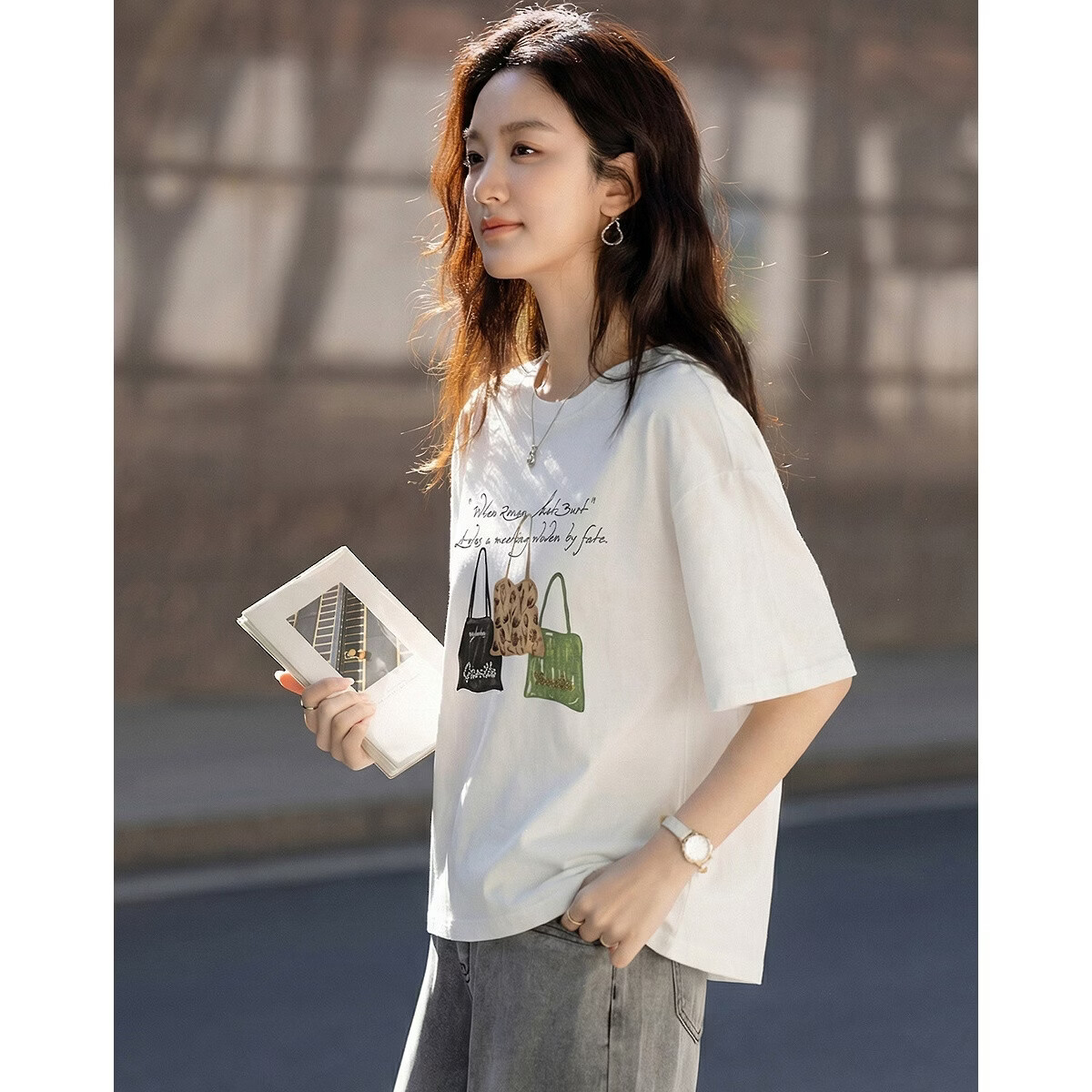 Demana [Soft Elastic Cotton Amine] Summer Korean Style Casual Printed Beaded Embroidered Round Neck Short Sleeve Loose Slim Women's T-Shirt