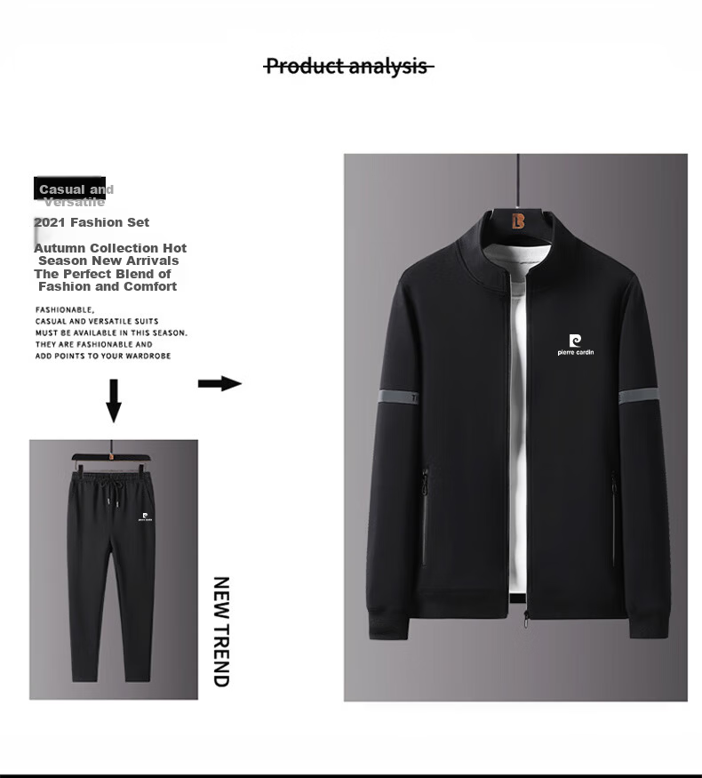 Pierre Cardin Men's Long Sleeve Jacket and Pants Set Autumn Winter Sports Stand Collar Casual Two-Piece Set Black XL 3