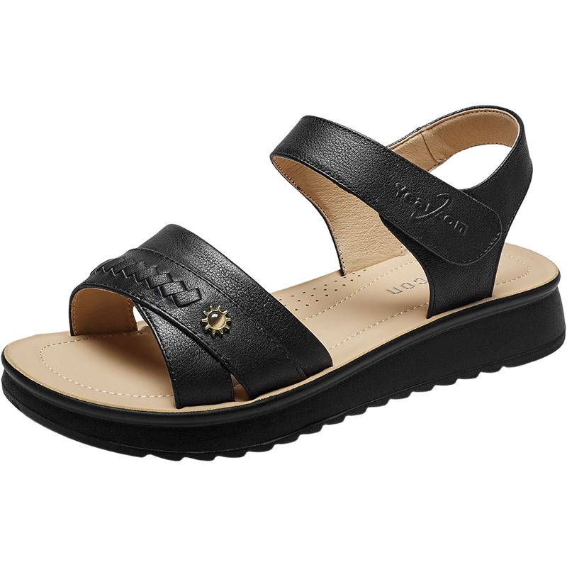 Eierkang Women's Genuine Leather Soft Sole Magic Tape Comfortable Wedge Sandals for Middle-aged and Elderly Moms 18061W Black Size 39