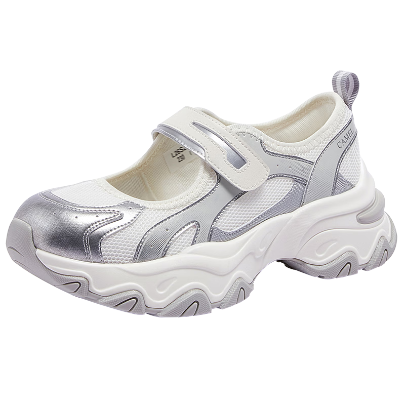 CAMEL Women's Dad Sneakers Mary Jane Height Increasing Hollow Breathable Velcro Sports Shoes L26S283159 Beige/Silver Size 36