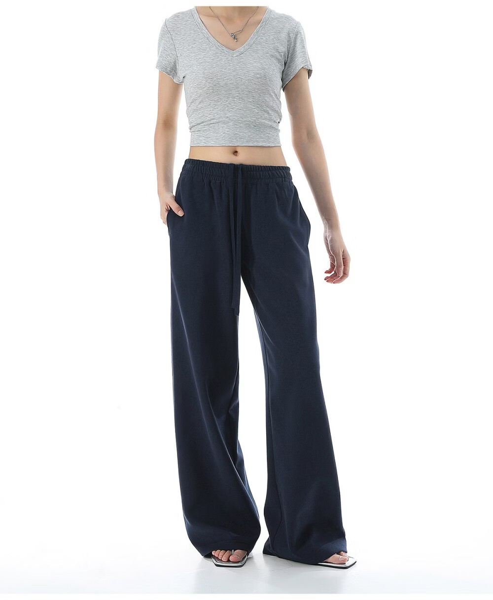 ICH MODE Solid Color Drawstring Women's Sports Pants New Loose Straight-Leg Draped Wide-Leg Casual Trousers Navy Blue S 40