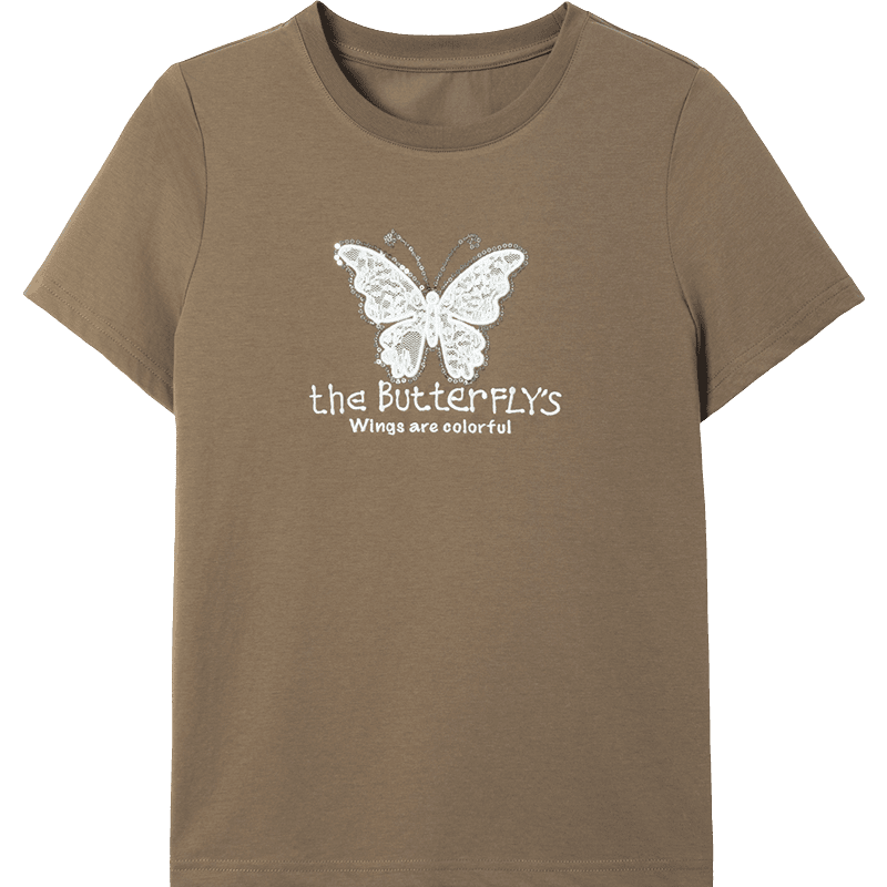 Demana [Cool Sorona] Summer Elegant Round Neck Lace Applique Embroidered Butterfly Slim Fit T-Shirt for Women Premium Feel