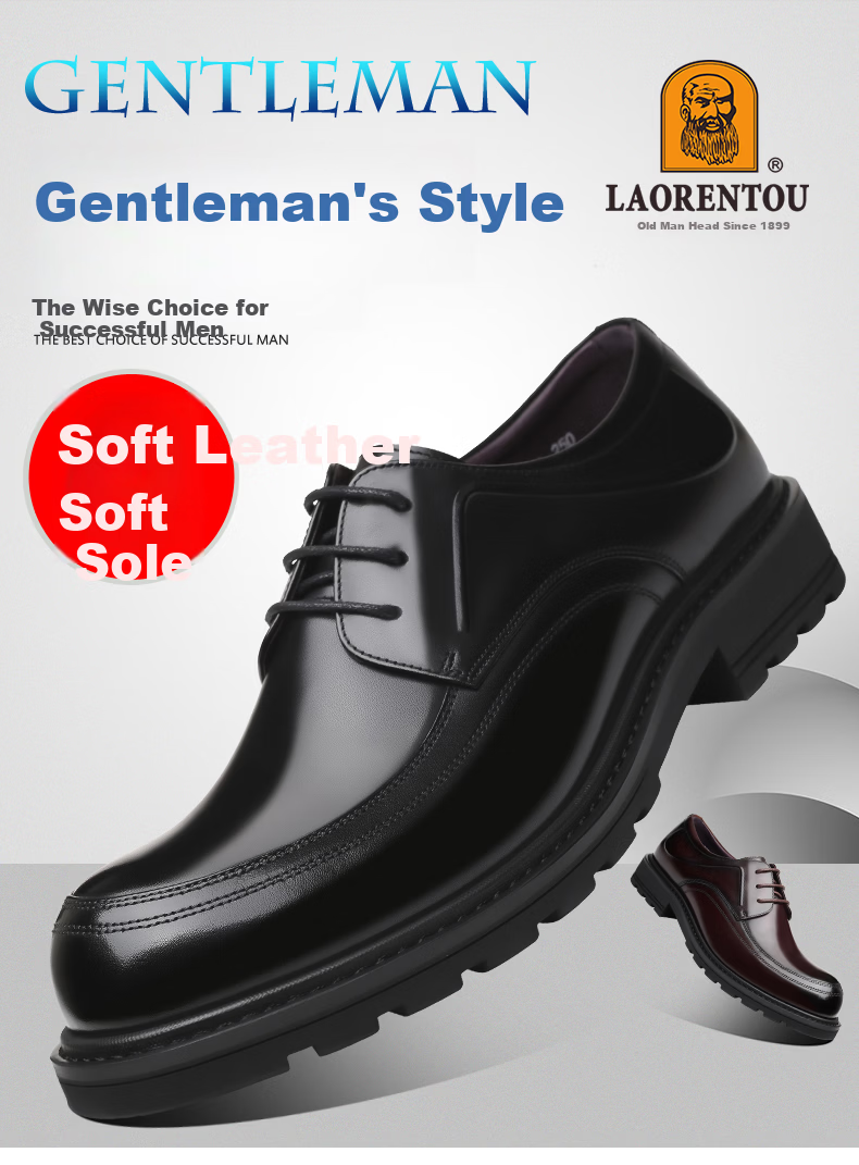 LAORENTOU Men's Leather Dress Shoes British Style Low-top Casual Soft First Layer Cowhide Lace-up Non-slip Round Toe Black 38 1