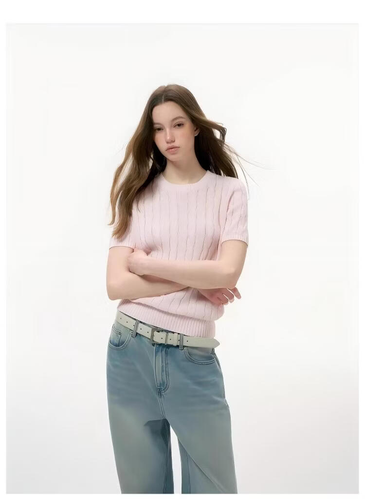 ICH MODE Intelligent Old Money Round Neck Cable Knit Short Sleeve Women's Summer Thin Mesh T-Shirt Pure Cotton Base Top Spring Off-White S 1