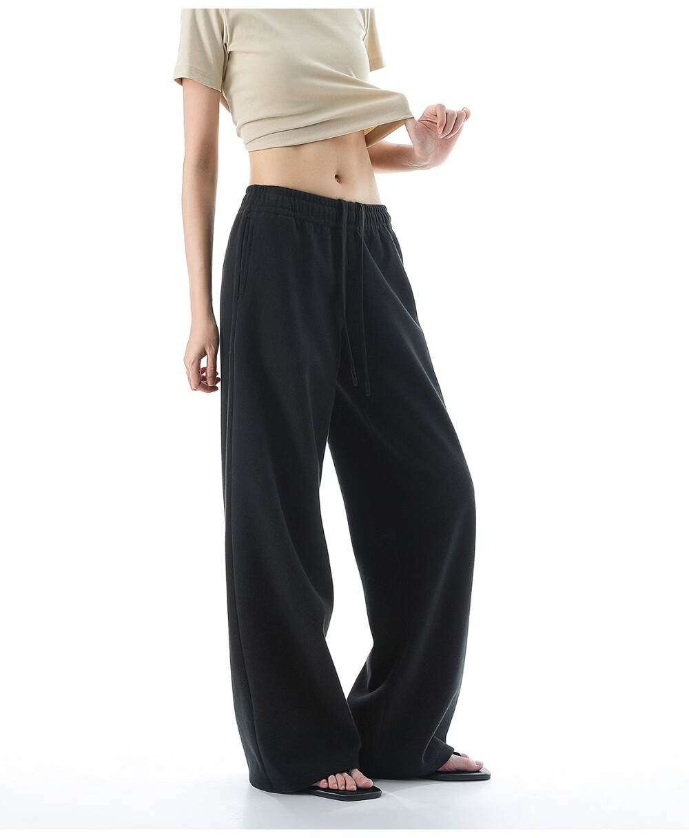 ICH MODE Solid Color Drawstring Women's Sports Pants New Loose Straight-Leg Draped Wide-Leg Casual Trousers Navy Blue S 46