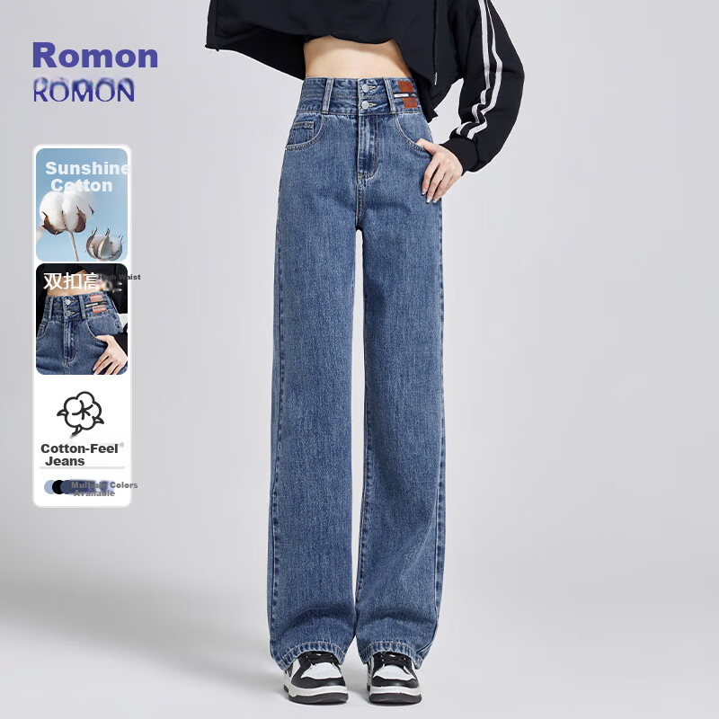 ROMON [American Casual Style] Women's Jeans, Summer High-Waist Versatile Loose Wide-Leg Slimming Straight Pants, Vintage Blue, Size M