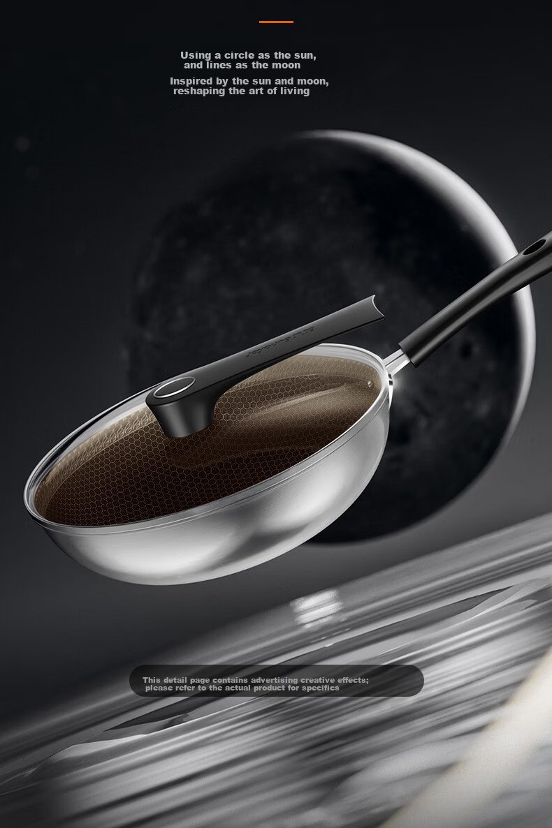 Joyoung 32cm Titanium Non-Stick Frying Pan Wok, Flat Bottom, Compatible with Induction and Gas Stoves, 304 Honeycomb Surface 4