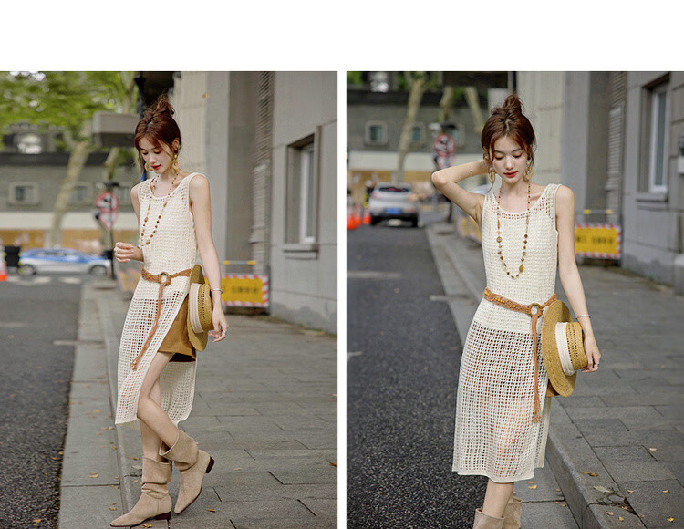 MT Breathable Knit Spring French Vacation Style Hollow Out Sleeveless Side-Slit Mid-Length Women's Dress 11