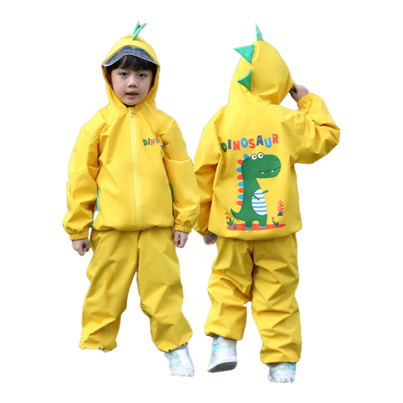 Moremerry Children's Raincoat Two-Piece Set for Boys And Girls, Kindergarten Waterproof Rain Pants, Baby Rain Poncho, Yellow Dinosaur Set, M Size