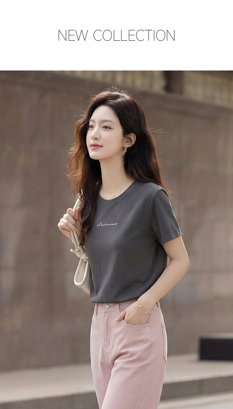 Demana Breathable Pure Cotton Summer Simple Basic Letter Embroidery Crew Neck Short Sleeve Comfortable Casual Women's T-Shirt 1