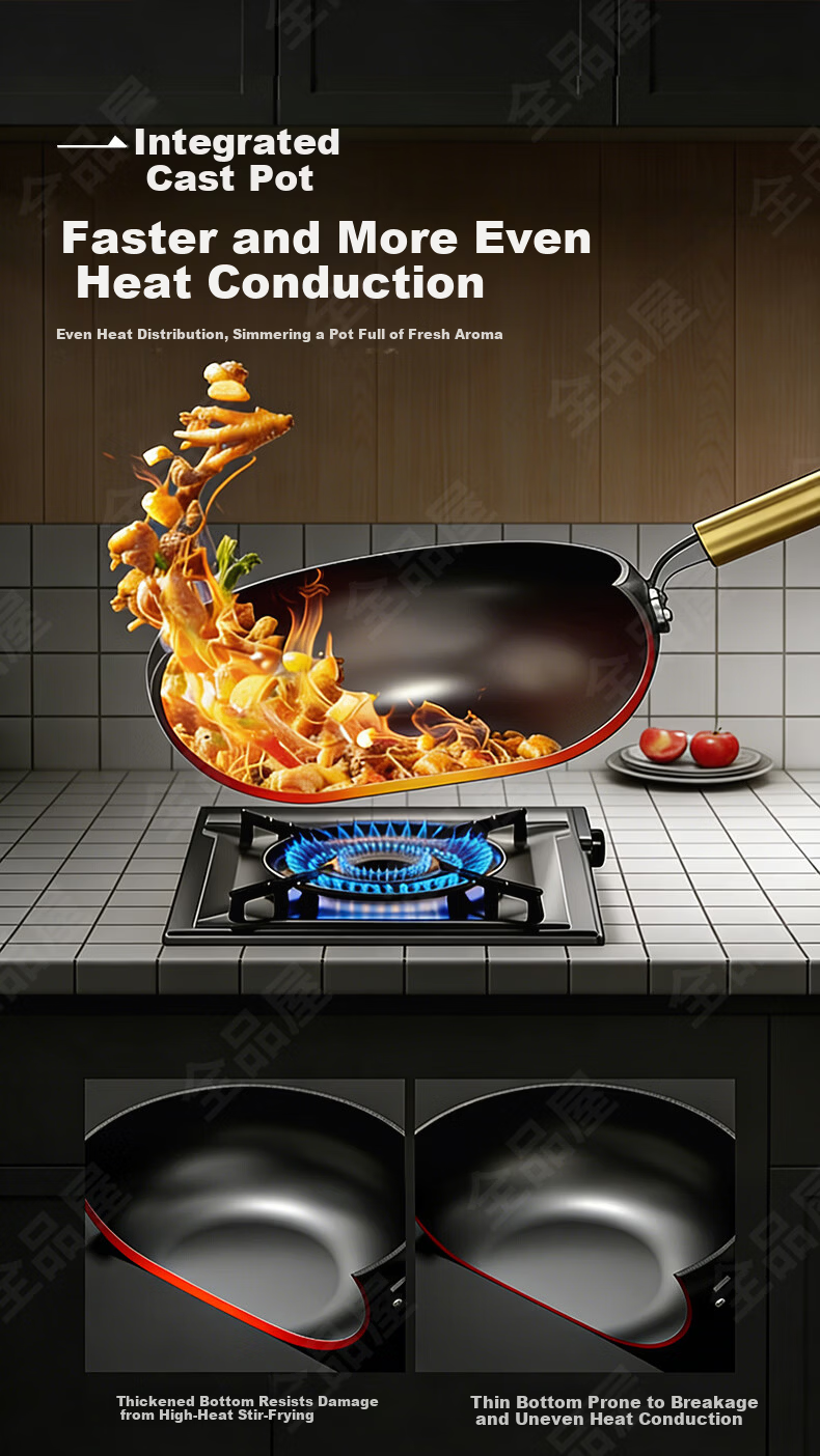 Quanpinwu 26cm Large Belly Iron Stir-Fry Pan Flat Bottom No Coating Non-Stick Rust-Free for Home Small Gas Stove Induction Cooker Seasoned 9