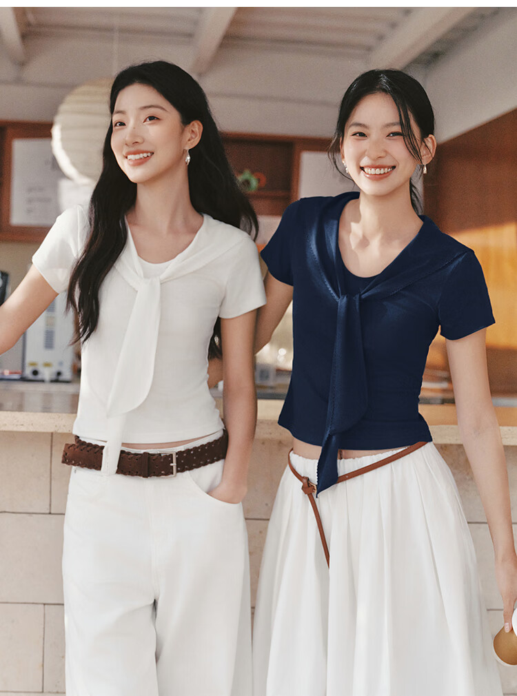 Semir Women's Summer Short Sleeve T-Shirt 2026 Lace Shoulder Shawl Collar Fake Two-Piece Slim Top 109326100024 12