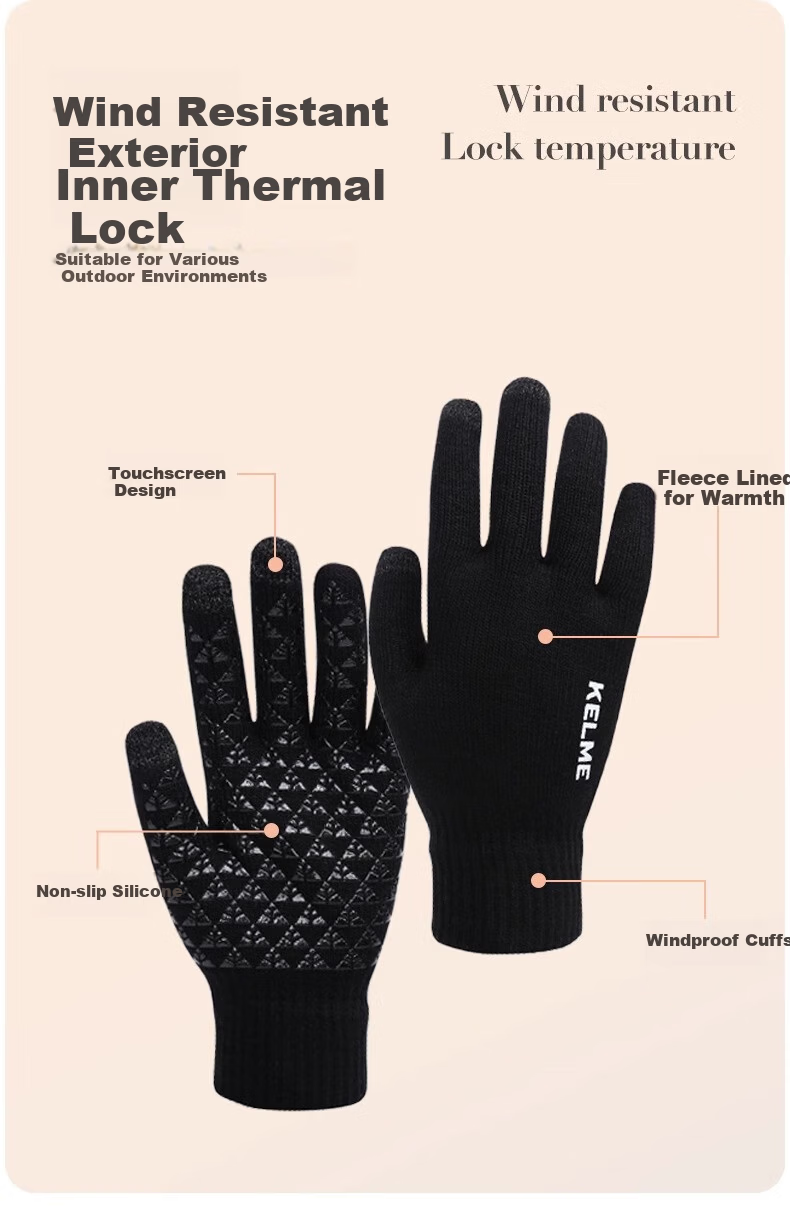 KELME Fleece-Lined Thermal Knitted Touchscreen Gloves Non-Slip Full Palm Sports Cycling Football Running Cold-Resistant 3